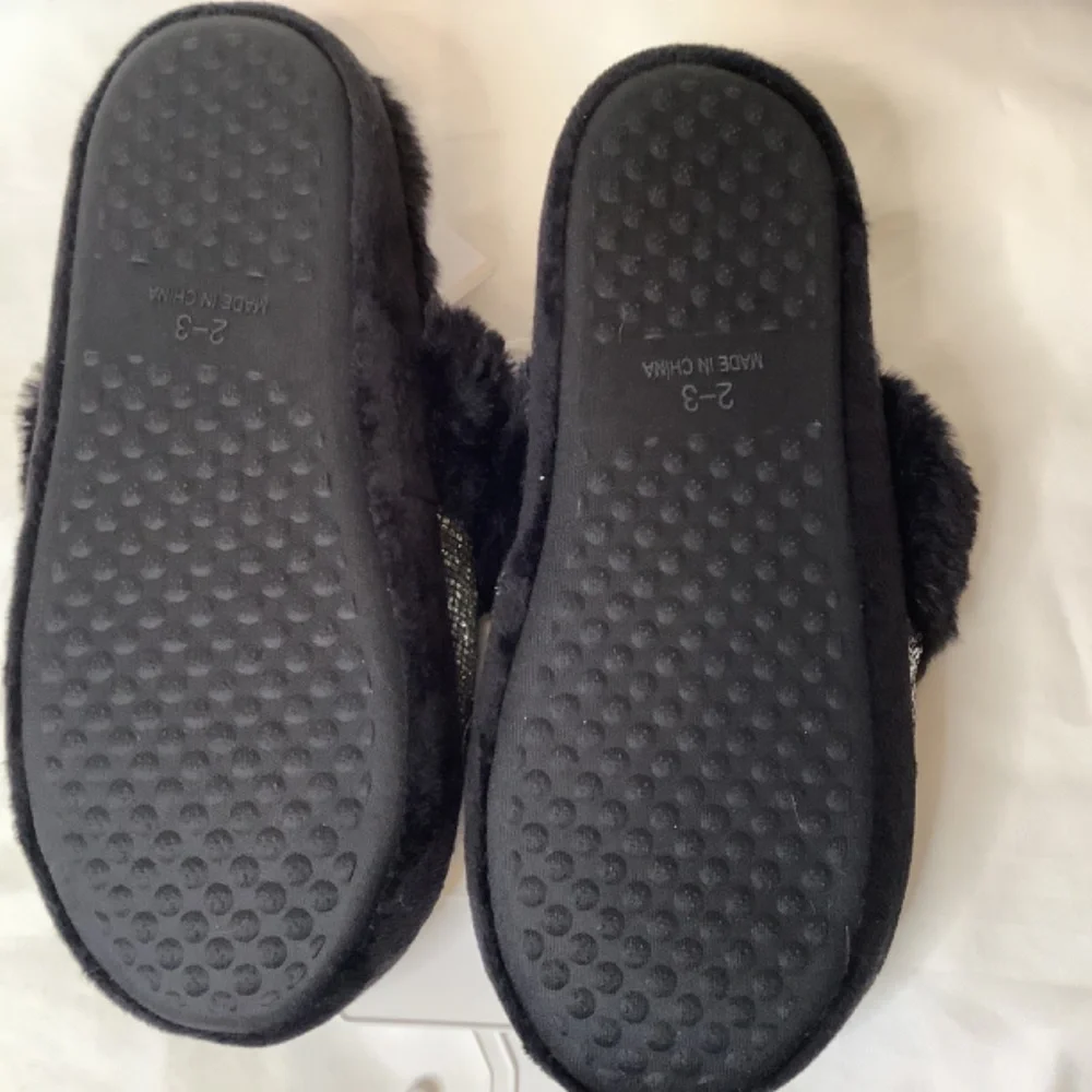 NWT Justice sequin silver black fur slippers‎ girls 2/3 or ladies 5